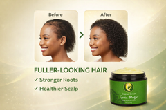 Before and after results of fuller-looking hair, stronger roots, and healthier scalp using Green Magic hair growth cream.