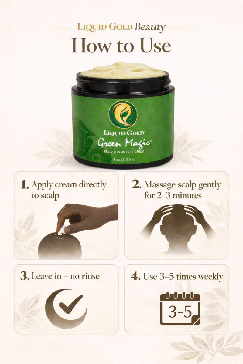 How to use Liquid Gold Green Magic hair growth cream: apply to scalp, massage 2-3 mins, leave in, and use 3-5 times weekly.