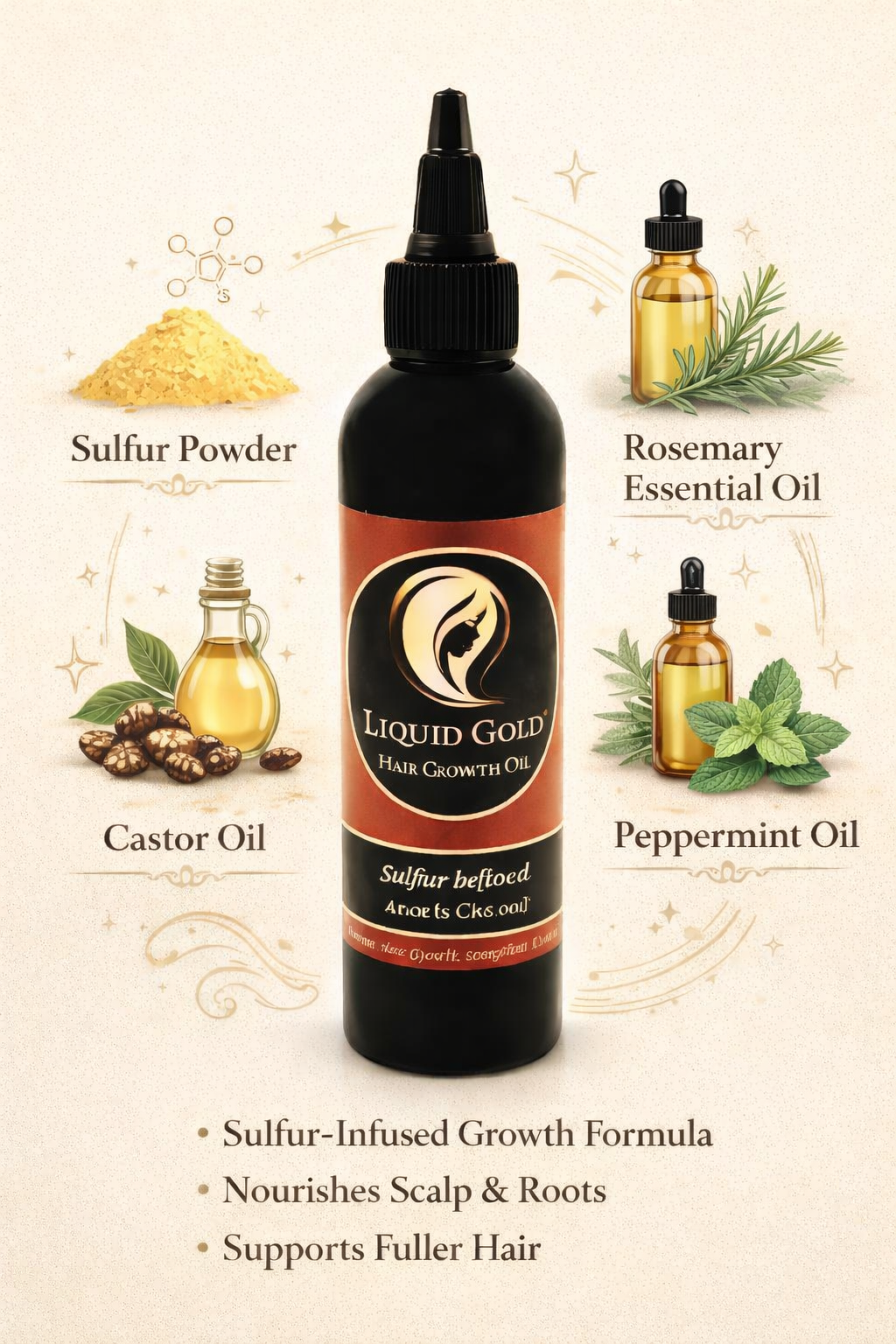 Liquid Gold sulfur infused hair growth oil showing ingredients: sulfur powder, castor, rosemary, and peppermint oils.