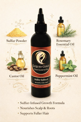 Liquid Gold sulfur infused hair growth oil showing ingredients: sulfur powder, castor, rosemary, and peppermint oils.