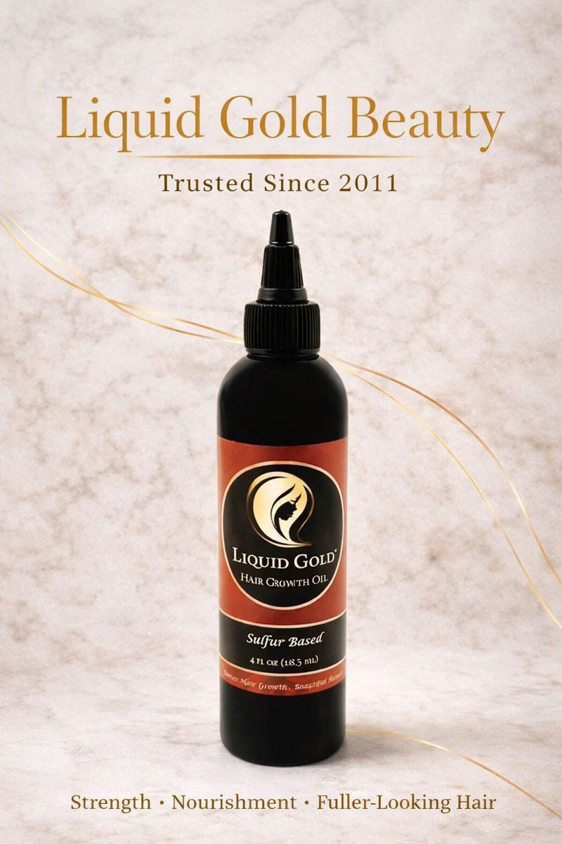 Liquid Gold sulfur infused hair growth oil for strength, nourishment, and fuller-looking hair.