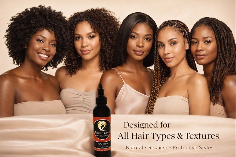 Diverse women promoting Liquid Gold sulfur infused hair growth oil, designed for all hair types, textures, and protective styles.