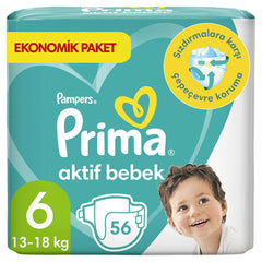 Prima Pampers Active Baby Diapers Size 6 - 56 Count, Extra Large, Leakproof & Dermatologically Tested