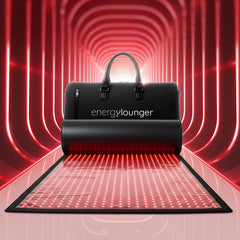 EnergyLounger infrared light therapy blanket with carrying case, designed for muscle recovery and comfort at home or gym.