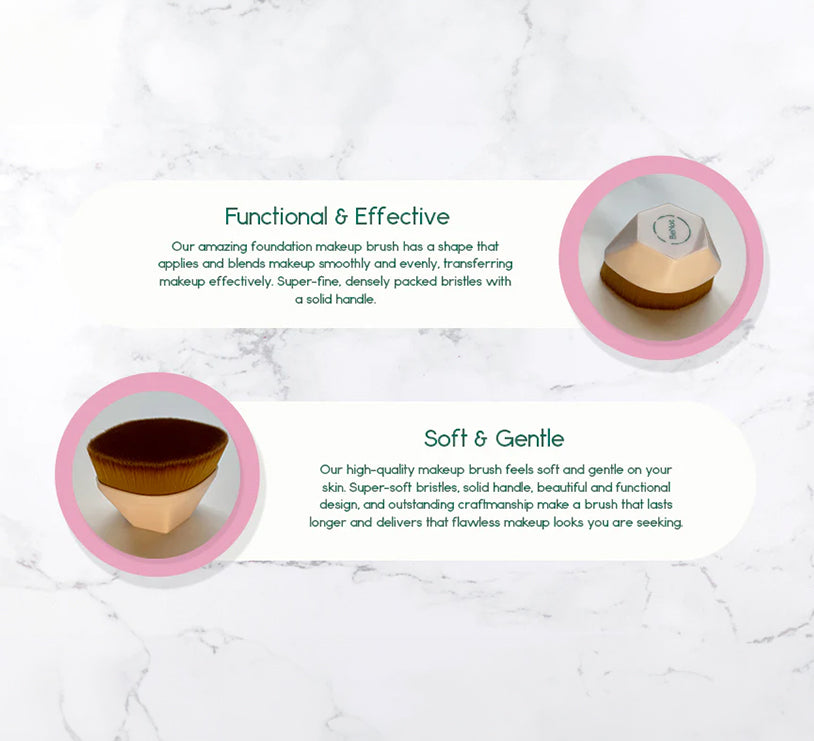 Foundation makeup brush for smooth application on a marble background, showcasing its soft bristles and sturdy design.