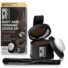 Polvo para retoque de raíces BOLDIFY con cepillo, cubre las canas, castaño medio - Caja imperfecta