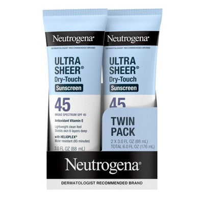 Protector solar de amplio espectro Neutrogena Ultra Sheer Dry-Touch SPF 45 6 fl oz /2ct - Caja imperfecta