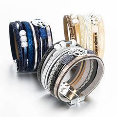 Handmade Luxury Fashion Modern Amazing Charm Pearl Life of tree Leather Bracelets For Women And Man