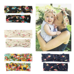 Modern Handmade Mother Baby Turban Matching Headband Mom Daughter Rabbit Ears Headbands Floral Print Bow