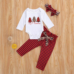 Ensemble de Noël 3 pièces pour nouveau-nés, haut à enfiler imprimé sapin et pantalon léopard
