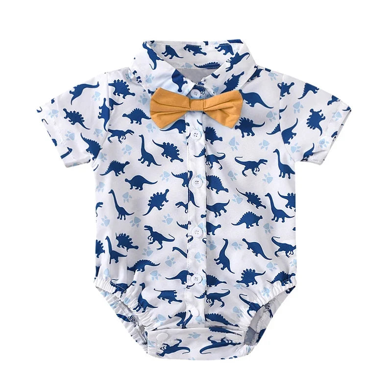 Newborn Boys Bodysuit with Bow Tie Cotton Baby Romper Soft Cartoon Animal Print Formal Short Sleeve Children Top Costume