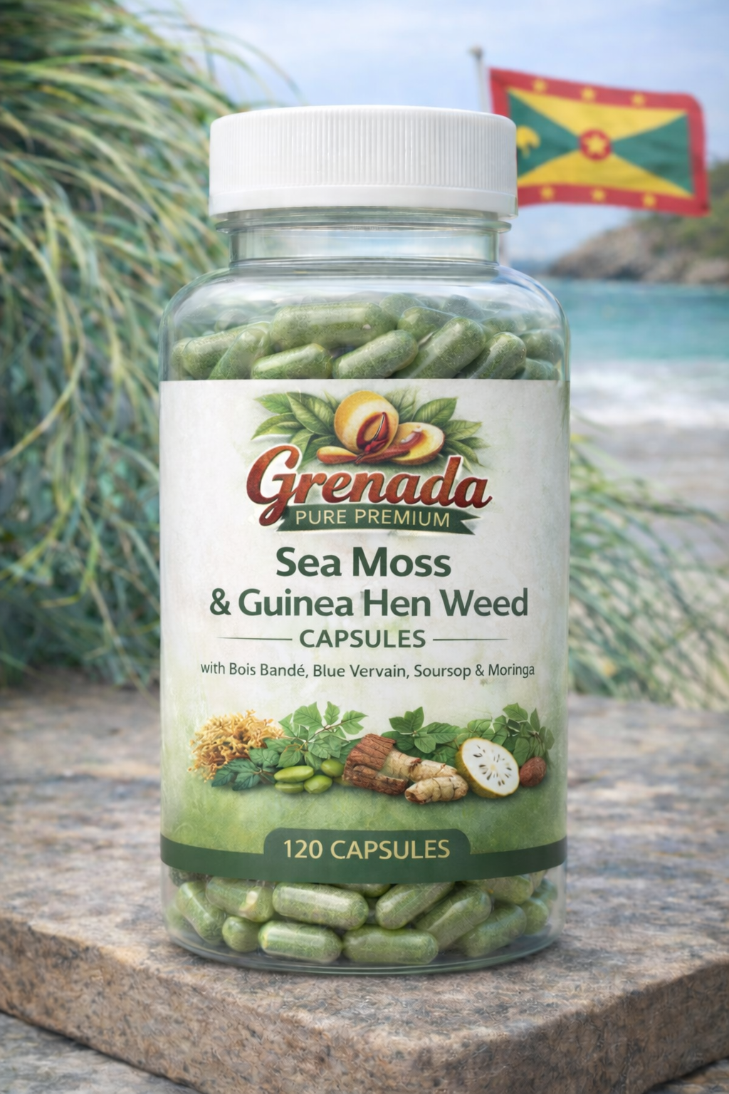 Grenada Pure Premium Sea Moss & Guinea Hen Weed Capsules
with Bois Bandé, Blue Vervain, Soursop & Moringa