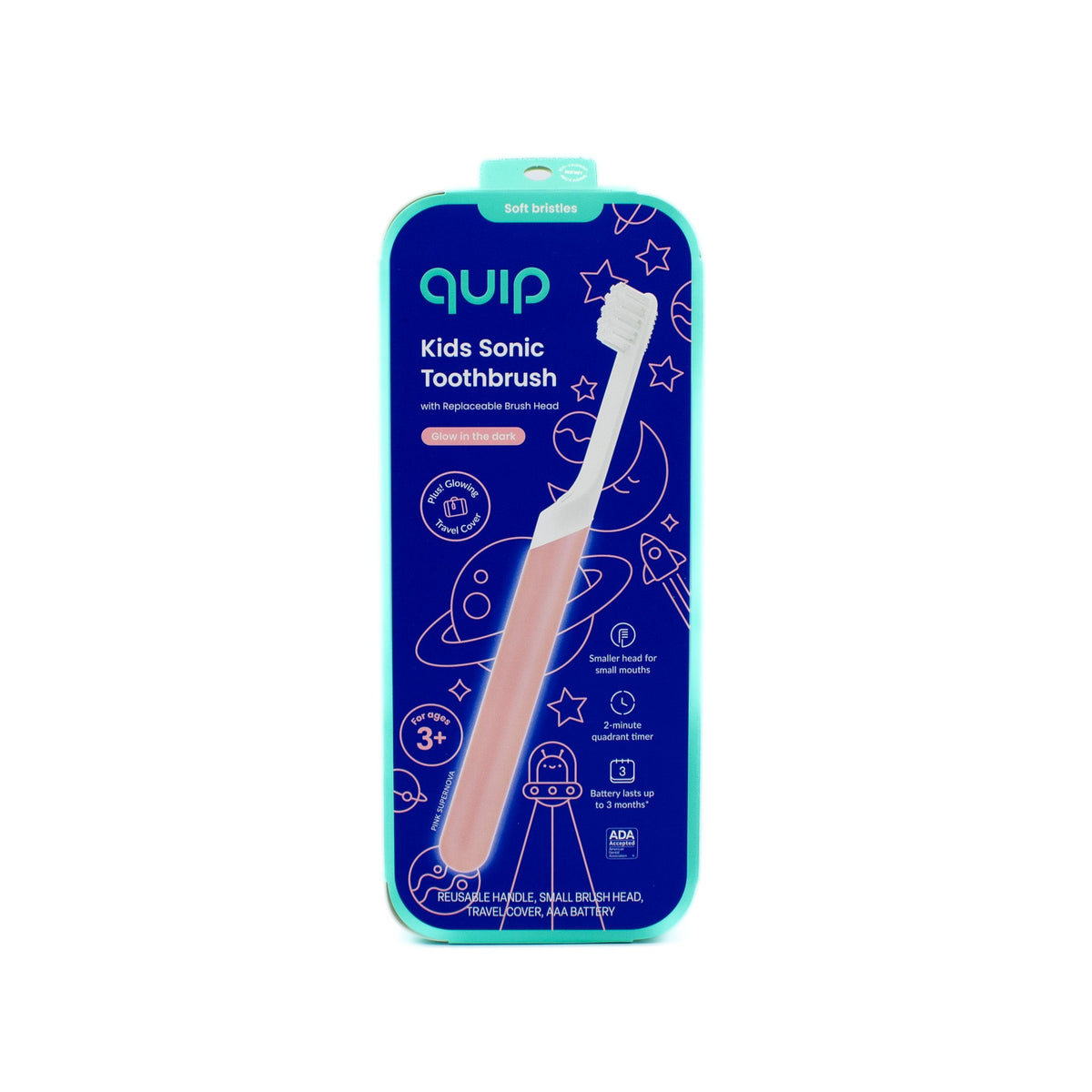 Cepillo de dientes sónico Quip para niños, ROSA fosforescente - Nuevo