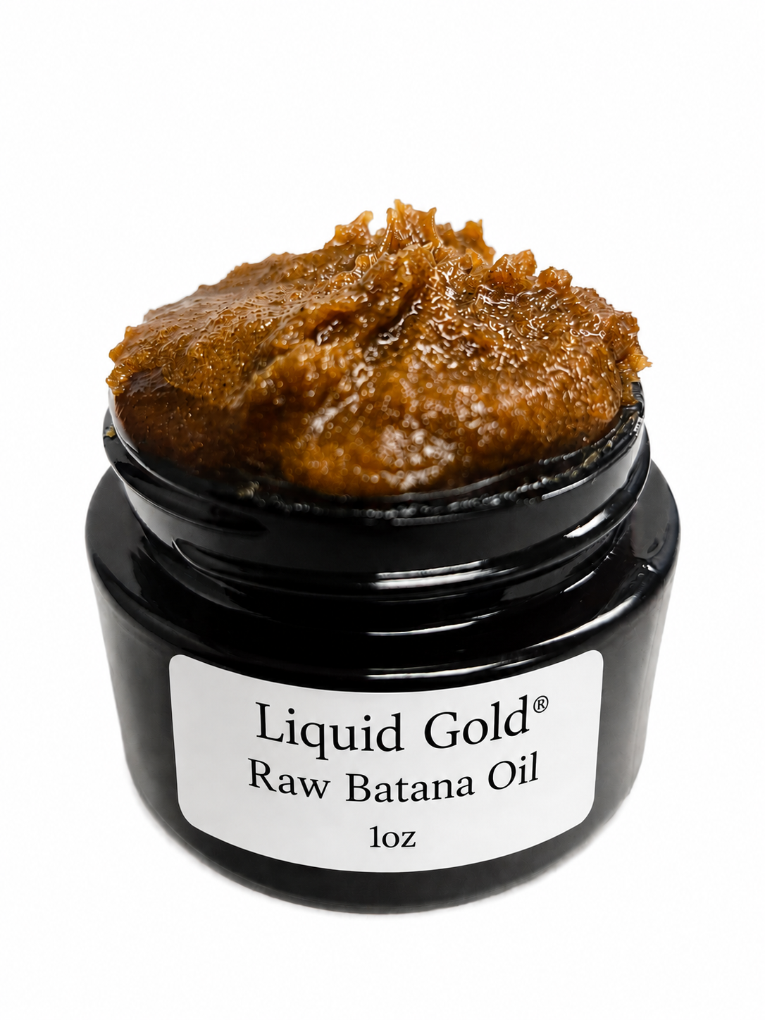 Open 1oz jar of Liquid Gold raw batana oil showing thick brown texture for dry, damaged hair