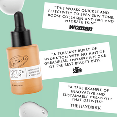 UpCircle peptide facial serum with custard apple and blood orange, featuring a sleek bottle and dropper for skincare application.