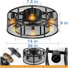 Reversible 6 Speed  Ceiling Fan Lights with Remote Control Black Cage Flush Mount Fandelier Rustic Farmhouse Lighting