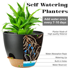 5-Pack Self-Watering Plant Pots with Drainage, 7/6.5/6/5.5/5 Inch, Indoor Outdoor Plastic Flower Pots for Succulents Herbs