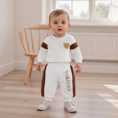 Baby Boy s Knit Outfits Fashionable Long Sleeve Bear Embroidery Textured Romper with Pants 2Pcs Set