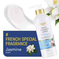 vitamin c brightening skin care set featuring AILKE multi-vitamins lotion and jasmine scent on display