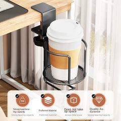 2 in 1 Desk Cup Holder with Headphone Hanger Holder, Anti-Spill Clip-On Table Cup Hook with 360° Rotation for Office Home Table