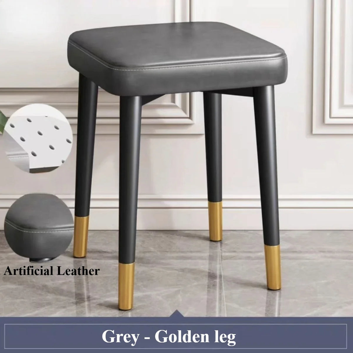 Modern Cushioned Stool for Dining Room, Living Room, Bedroom, and Office | with Golden Foot Cover, Criss-cross Construction Leg