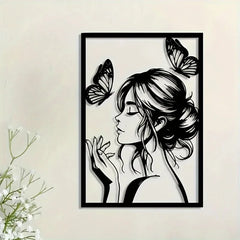Metal Wall Art with Woman & Butterfly – Elegant Framed Decor for Room, Patio, Terrace, Perfect Gift for Her