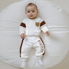 Baby Boy s Knit Outfits Fashionable Long Sleeve Bear Embroidery Textured Romper with Pants 2Pcs Set