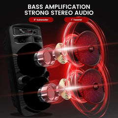 Rechargeable Portable Bluetooth PA Speaker System with 600W Power, Dual 8-Inch Subwoofers, 1-Inch Tweeter, Mic Input, Party Lights, USB, FM Radio, and Remote Control – Ideal for Outdoor Parties