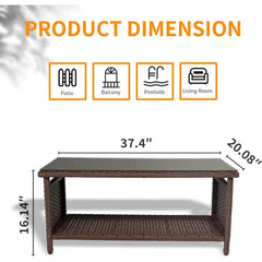 Outdoor Wicker CoffeeTable Patio Coffee Tables for Outside, Tempered Glass Top Wicker Table with Storage Coffee Table for Patio