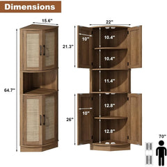 Tall Corner Cabinet, 64.7" Rattan Corner Storage Cabinet with 4 Doors and 5 Storage Shelves, Farmhouse Space Saver, Boho Shelf