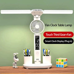 LED Desk Lamp Portable Foldable Fan Lamp Smart Display Clock USB Rechargeable Desk Lamp Eye Protection Study Reading Desk Light