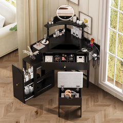 Vanity Desk Set with Storage Cushioned Stool and Charging Station, Triangle Makeup Desk with