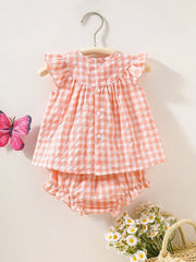 Newborn baby girl two-piece set: white cotton pleated sleeveless checkered top and matching triangular leggings