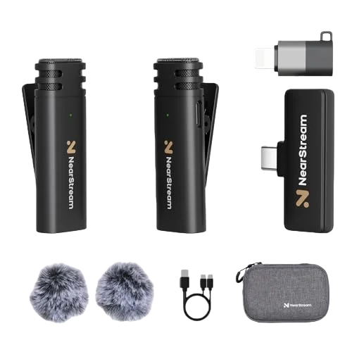 NearStream AWM10T Plus 1-to-2 Wireless Lavalier Microphone, AI DSP Noise Canceling, 33Ft Stable Transmission, 6H Long Battery, Auto Pair Plug & Play Mic for Classroom Vlog Live Stream iPhone Android PC
