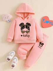 Adorable Baby Girl Cartoon Print Fleece Hoodie & Jogger Set - Perfect for Spring/Autumn Outdoor Activities