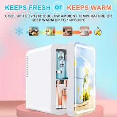 Portable mini makeup refrigerator with cooling and warming features for cosmetics and skincare products.