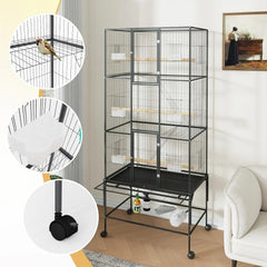 69-Inch Extra Large Rolling Bird Cage for Parrots and Cockatiels Flight Cage with Storage Shelf,Feed Bowls & Wood Perches