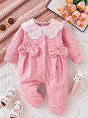 Pink Thickened One-Piece Romper for Baby Girls, with Cable Knit Quilted Fabric, Doll Collar with Hollow Lace, Double Bow, Snap Buttons on the Front and Crotch, Warm and Cute