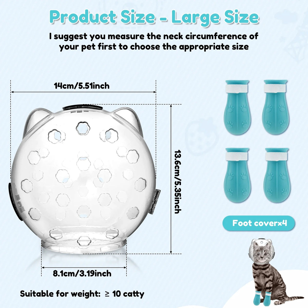1/2Pcs Cat Muzzle Pet Grooming Cover Accessory Anti-bite Anti-Licking Cat Space Hood Breathable Helmet with 4 Silicone Paw Shoes