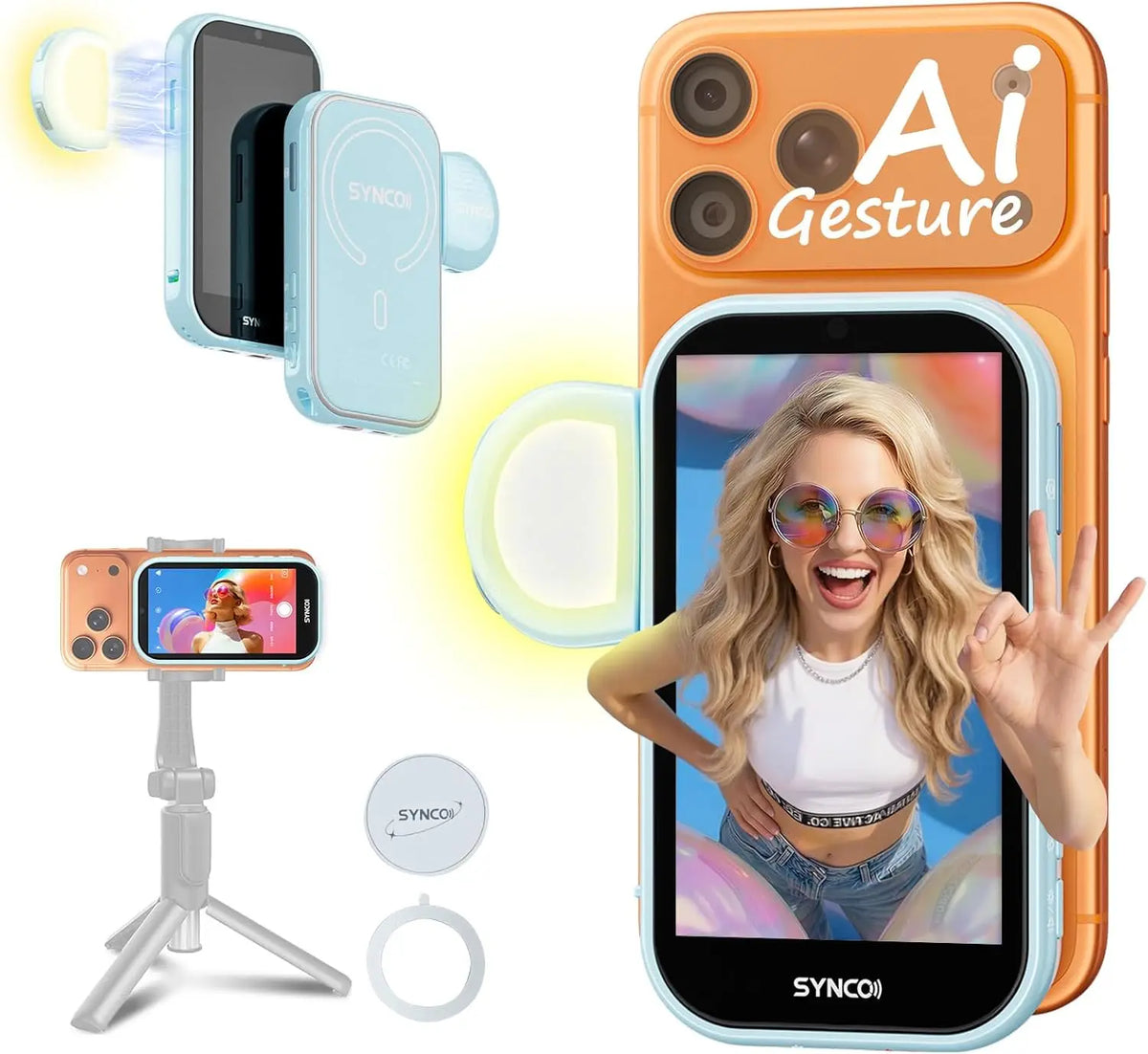 【US STOCK】 NEW SYNCO XView M4 AI Wireless Vlog Selfie Monitor Screen 4.02 Inch For iPhone 7-17 Series AI Gesture Control Built-in 3-Mode Fill Light Wireless & Wired Freely Switch For Content Creator YouTube Live