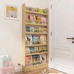 Solid wood bookshelf, floor standing wall mounted multi-layer storage rack, household bookshelf, thin bookshelf behind the door