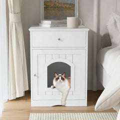 Wooden Cat Litter Box Enclosure with Drawer Pet House Indoor Cat Crate Nightstand Side Table Pet Furniture