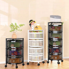 Kitchen Organizer Trolley Cart Rolling Foldable Portable Storage Multi Tier Round Fruit Vegetable Shelf No Assembly Furniture