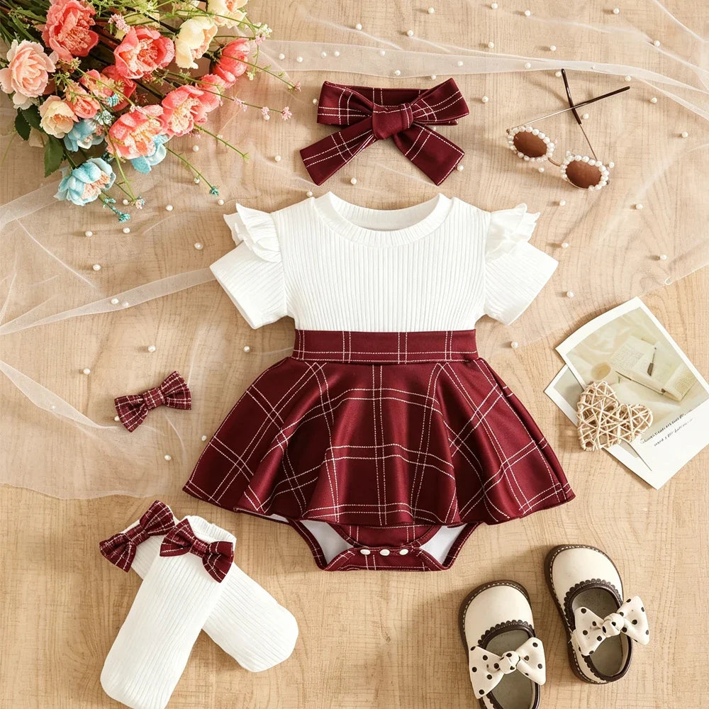 Baby Girl Bodysuit Dresses Short Sleeve Heart Shape Bow Romper Infants Onesies With Socks Headband 3pcs Sets For Newborn Girls