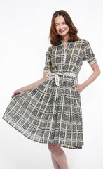 Mrs Maisel Dress in Black and Beige Wicker Print