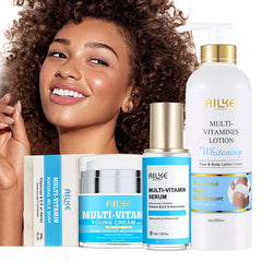 vitamin c brightening skin care set featuring AILKE products and a smiling woman with radiant skin