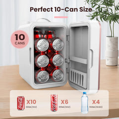 Bedroom skincare mini fridge showcasing perfect 10-can size with beverages inside, ideal for skincare and cosmetics | H.E.A.L Hair Care