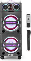 2000W Active Powered Outdoor Portable Bluetooth PA Speaker System with Party Lights, Microphone Input, USB/SD Card Reader, AUX/RCA/FM Radio, and Wheels