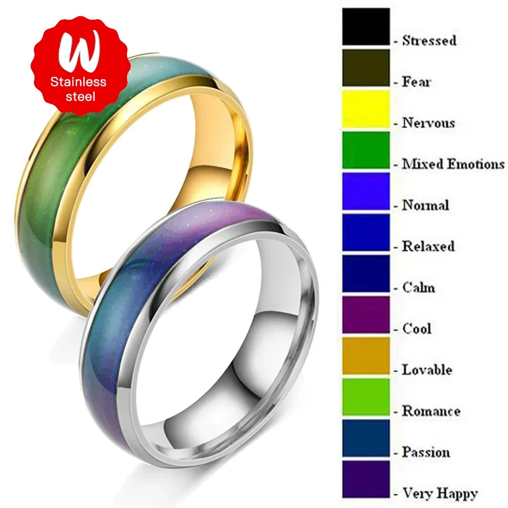 2 Colors Stainless Steel Changing Color Rings Mood Emotion Feeling Temperature Ring for Women Men Couples Ring Tone Jewelry Gift