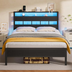 Full Bed Frame & Wood Storage Headboard,LED Light & Charging Station,2-Tier Shelves,Metal Platform,Bedroom,Full, Custom